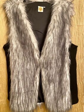 Gray Faux Fur Open-Front Vest with Black Sweater Sides